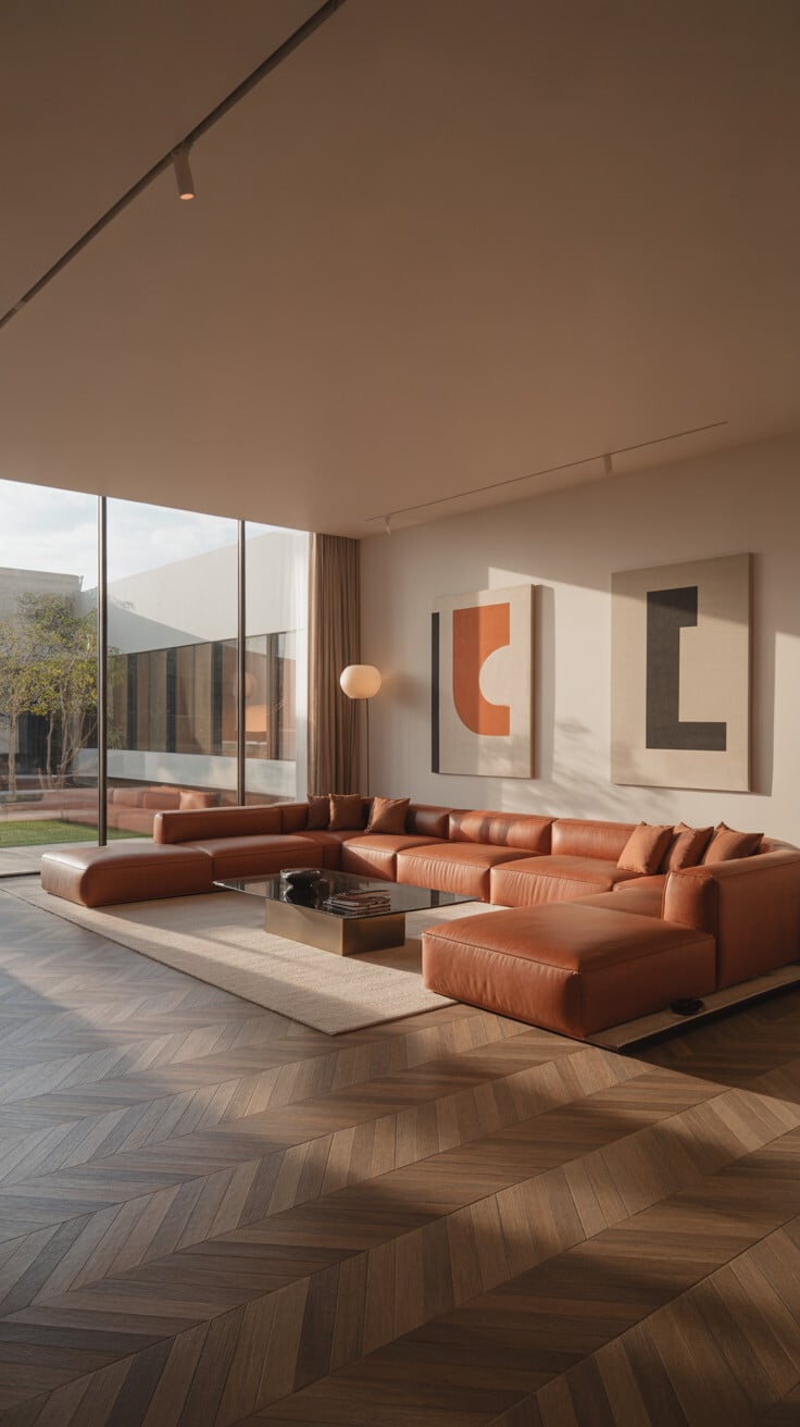 Geometric Art Accent Wall with Cognac Leather Sectional