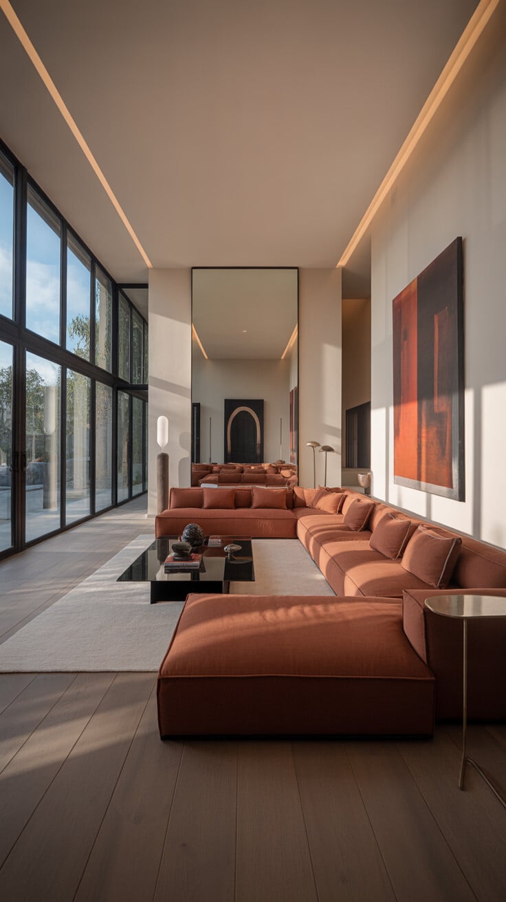Abstract Art Accent Wall with Terracotta Sectional and Cove Lighting