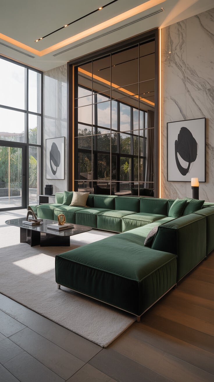 Marble Accent Wall with Mirror Panel and Emerald Sectional