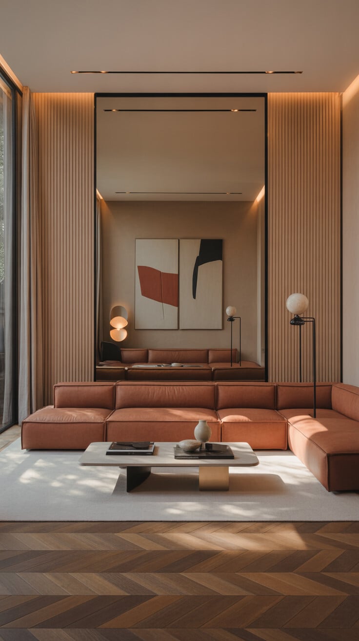Fluted Wood Accent Wall with Terracotta Sectional and Recessed Mirror Panel