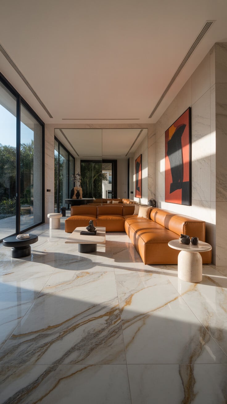 Marble Accent Wall with Cognac Sectional and Sculptural Side Tables