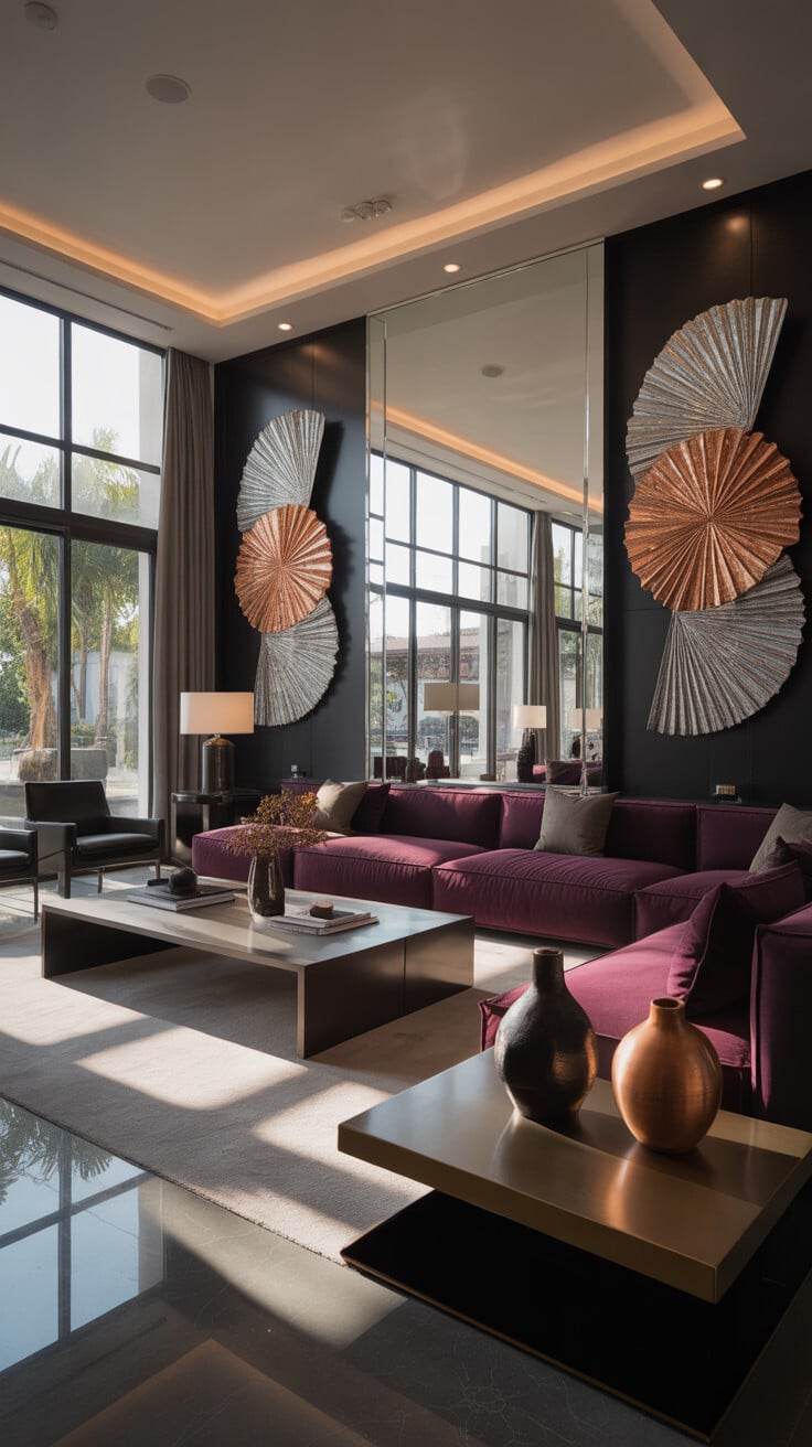 Dark Charcoal Accent Wall with Plum Velvet Sectional and Sculptural Metal Art