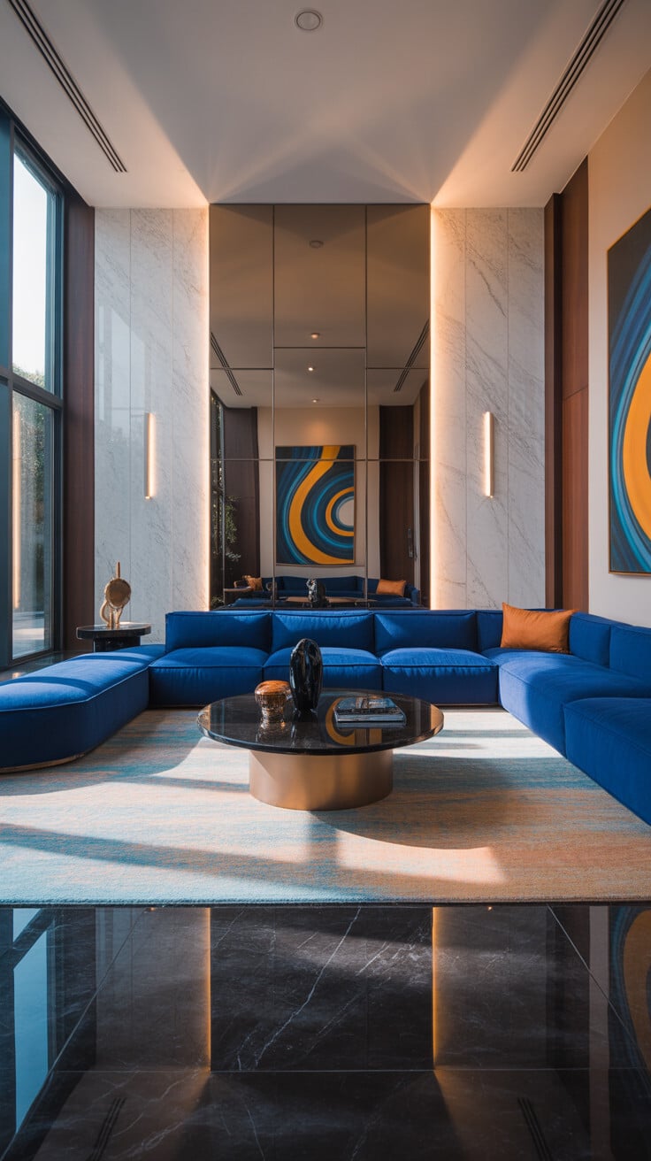 Marble Accent Wall with Cobalt Sectional and Abstract Art Panels