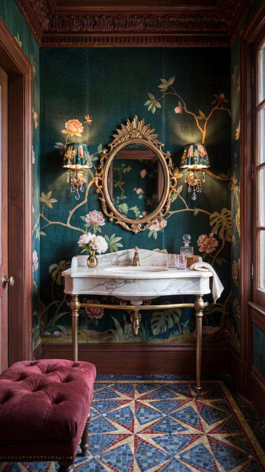 Golden Botanical Murals Dress This Jewel Box Powder Room