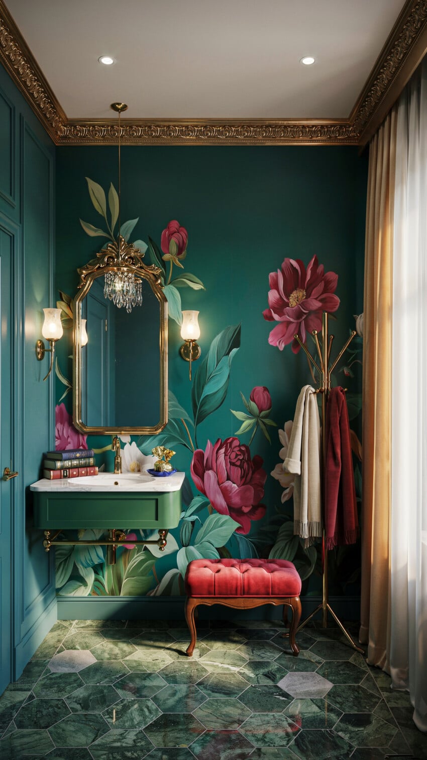 Deep Teal Walls Frame Crimson Peony Mural