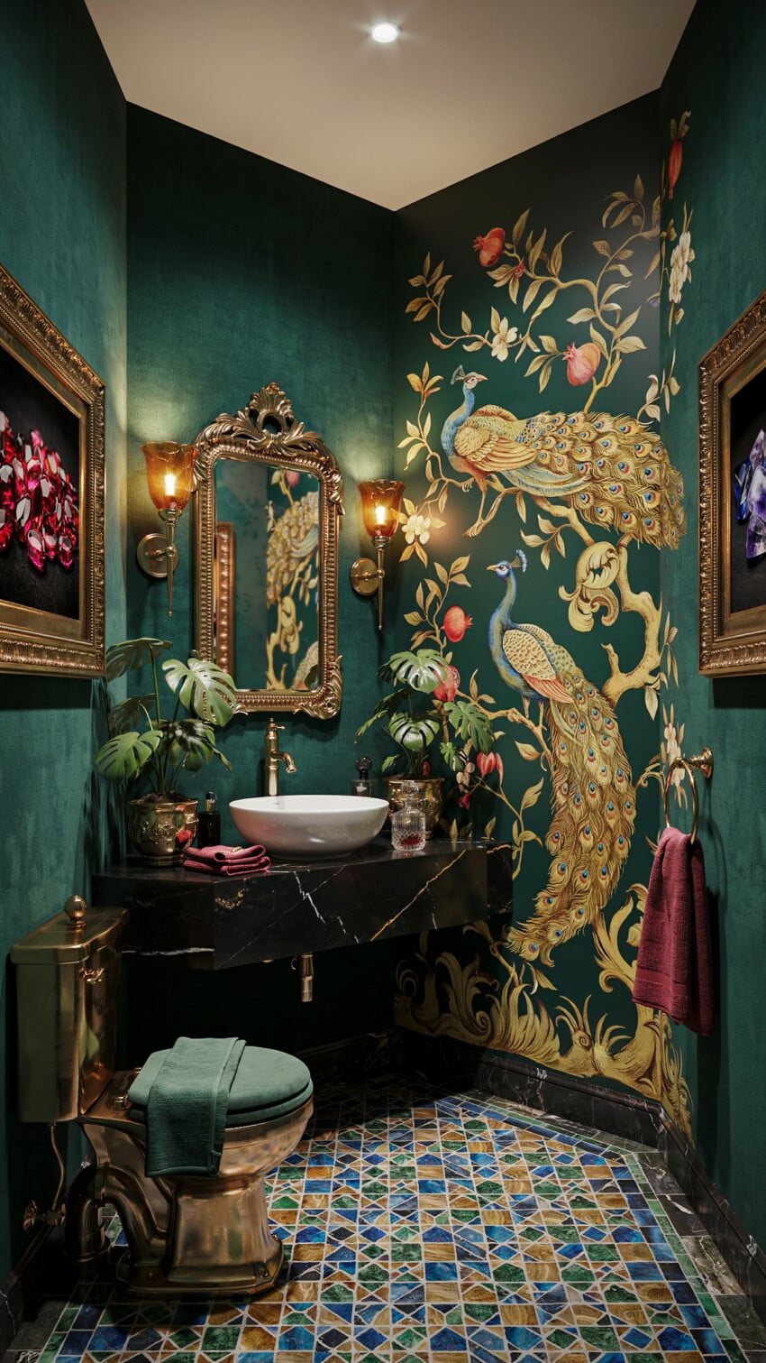 Gilded Peacock Mural Transforms This Jewel Box Powder Room