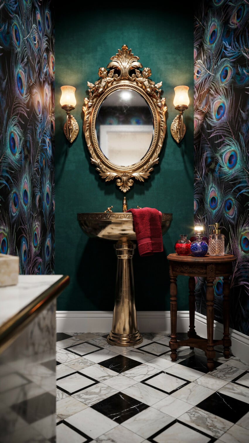 Peacock Feather Panels Frame Brass Pedestal Sink