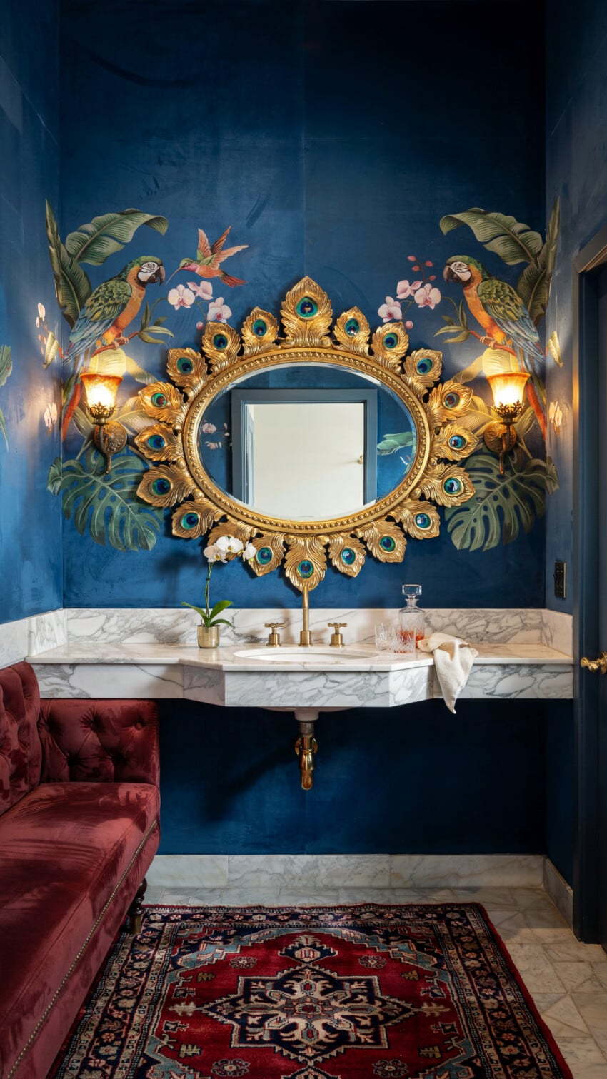 Peacock Feather Mirror Over Marble Sink