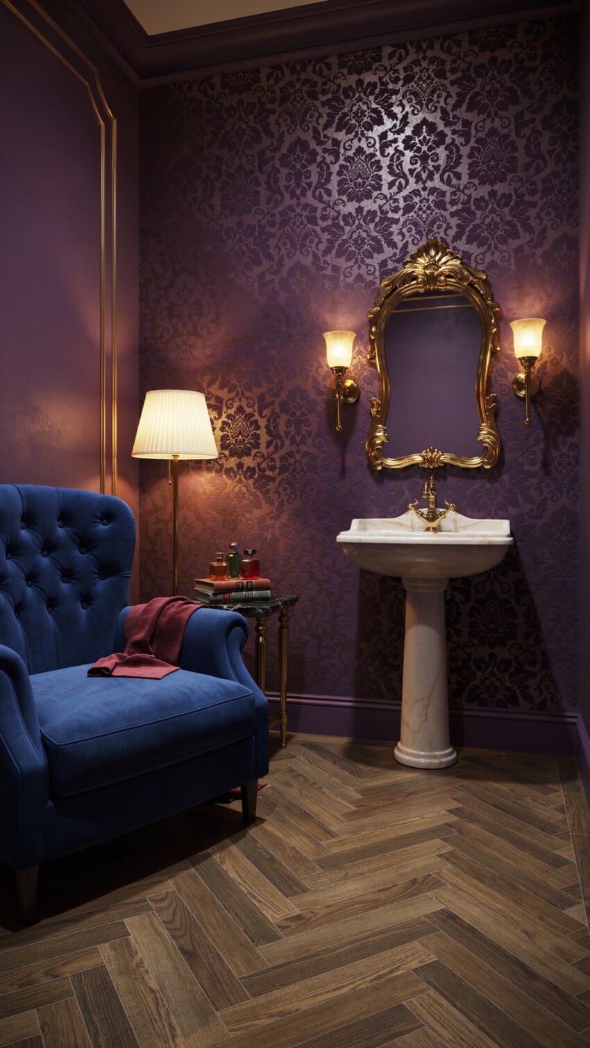 Gilded baroque mirror above marble pedestal sink