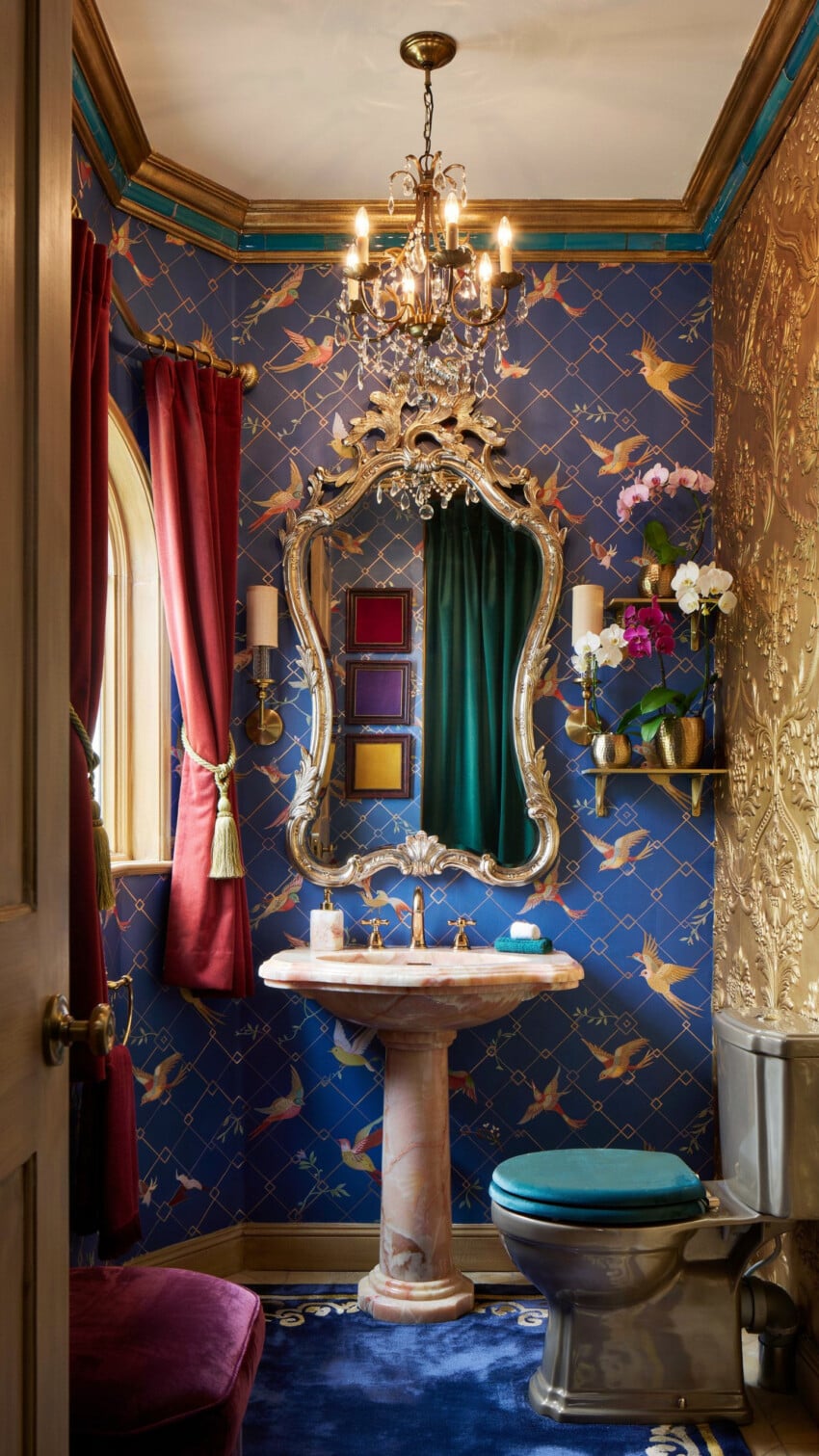 Cobalt Bird Wallpaper Transforms This Jewel Box Powder Room