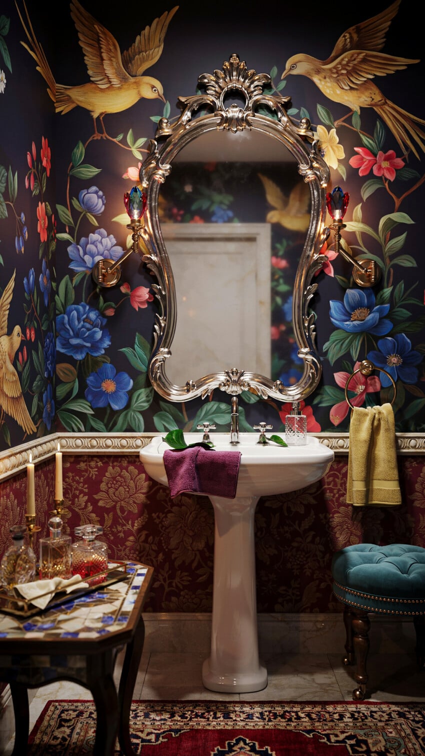 Silver Baroque Mirror Over White Pedestal Sink