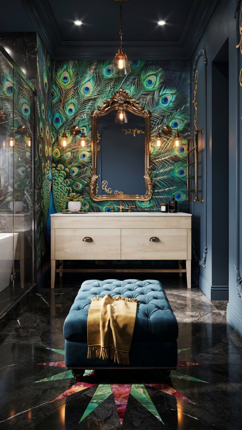 Gilded Baroque Mirror Over Light Wood Vanity