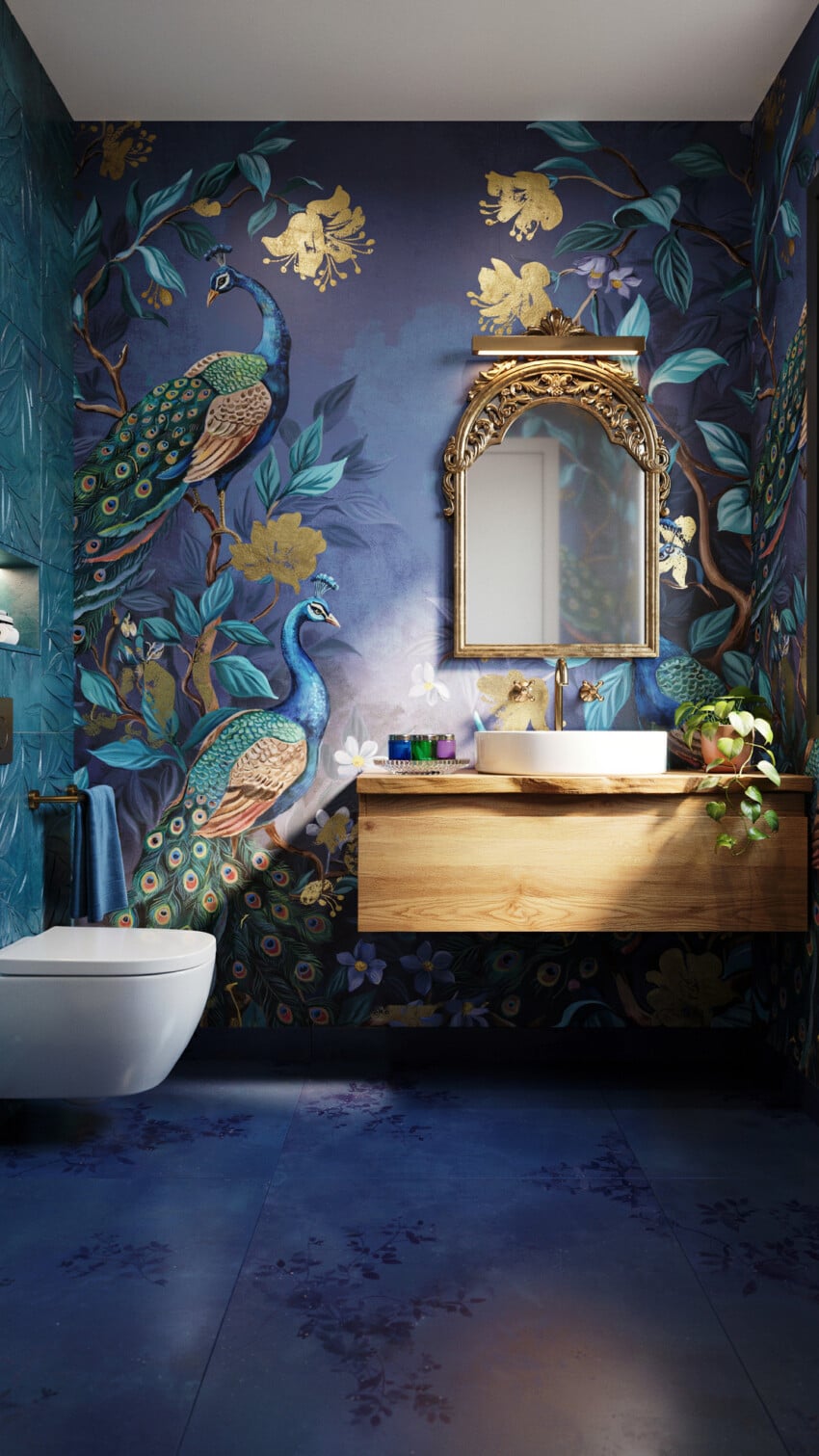 Peacock Wallpaper Jewel Box Powder Room