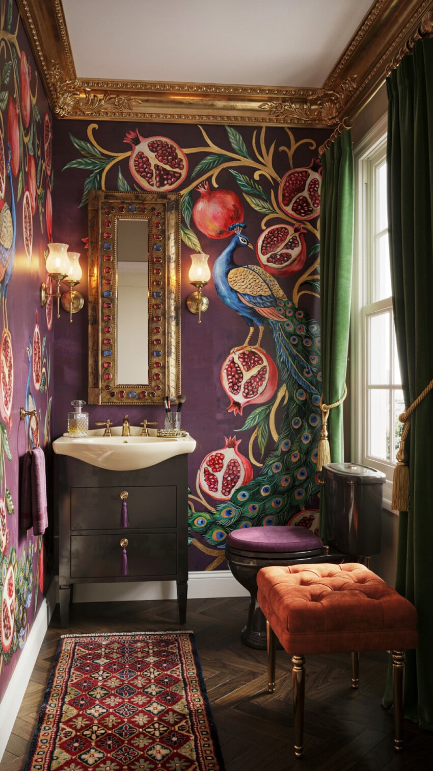 Peacock Mural Blooms on Deep Plum Walls