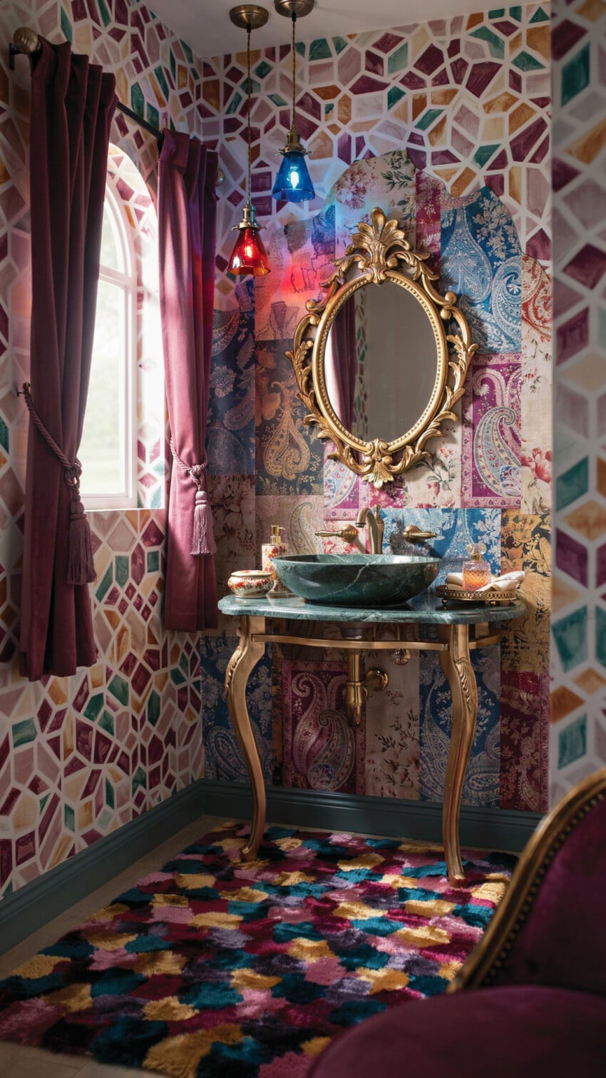 Gilded Baroque Mirror Over Marble Vessel Sink