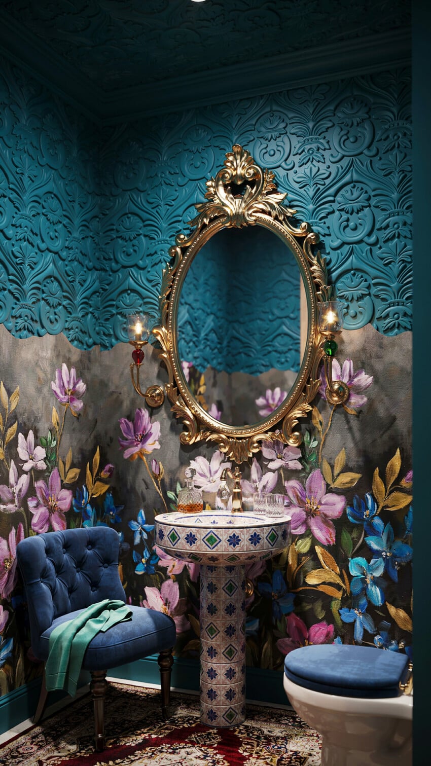 Teal Embossed Damask Meets Gold Baroque Mirror