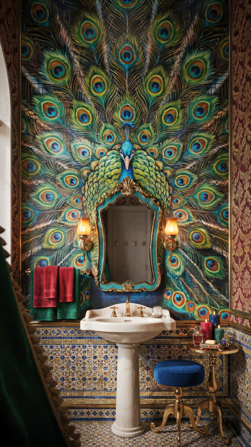 Peacock Mural Erupts Behind Pedestal Sink