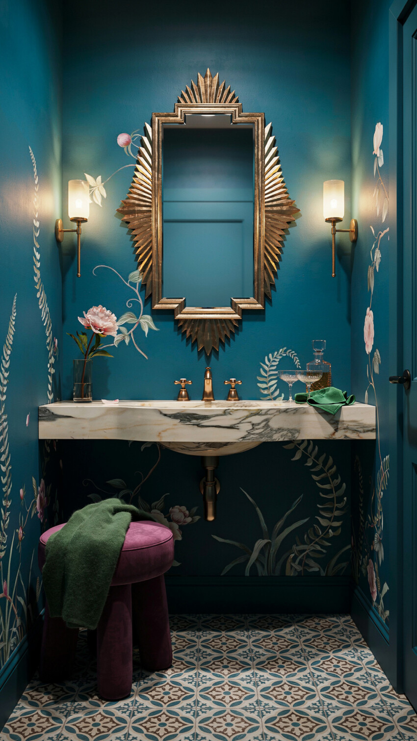 Teal Botanical Murals Dress a Jewel Box Powder Room