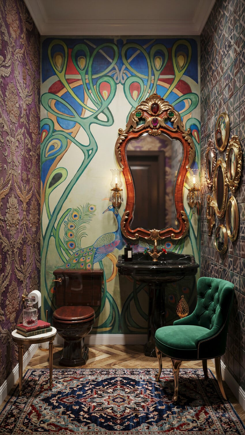 Peacock Mural Jewel Box Powder Room