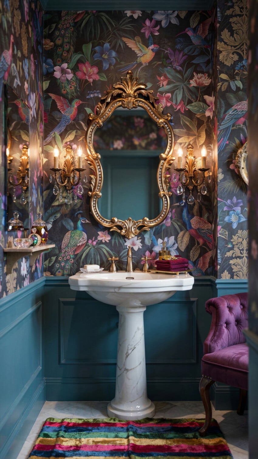 Baroque Gold Mirror Over Marble Pedestal Sink