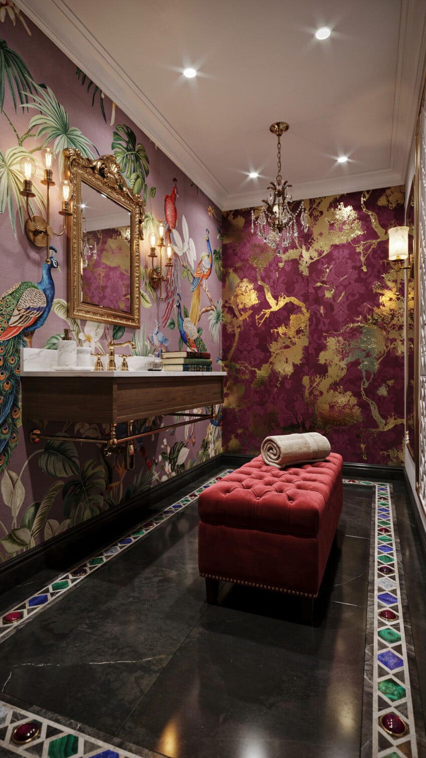 Gilded Baroque Mirror Over Brass Fixtures