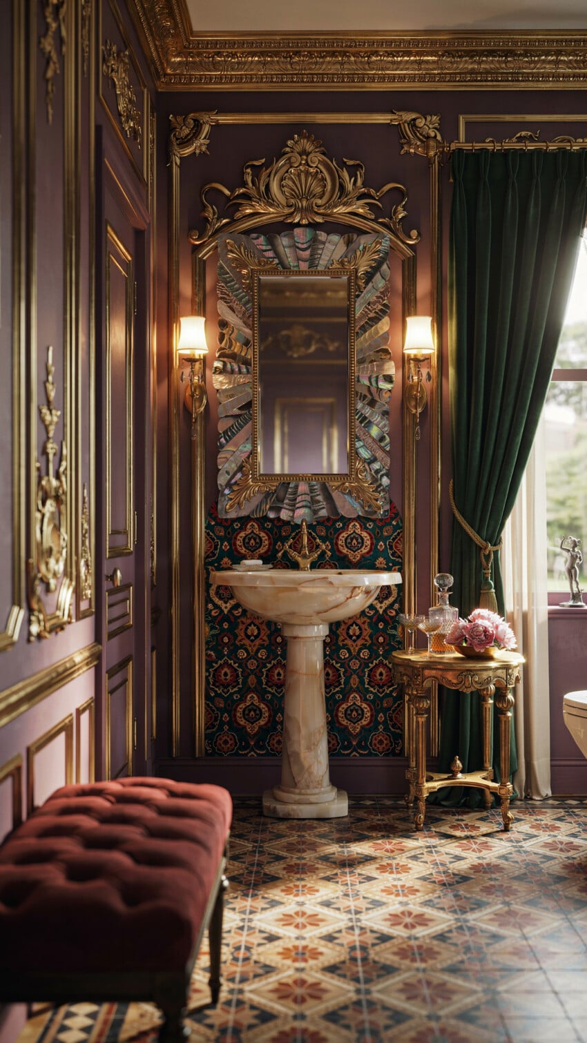 Marble Pedestal Sink in Plum Jewel Box Powder Room