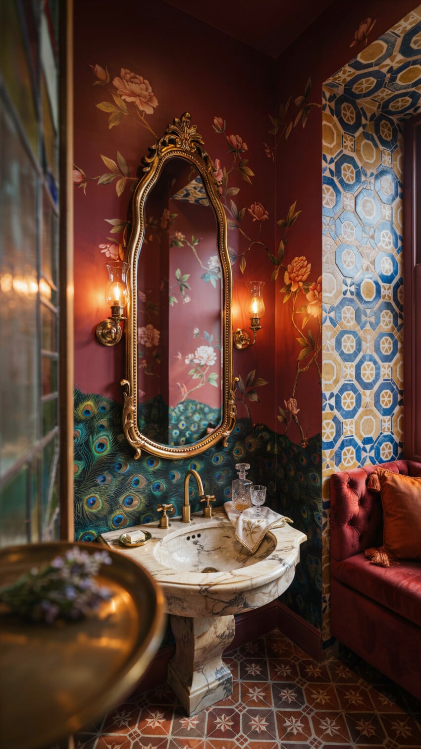 Gilded Filigree Mirror Over Marble Pedestal Sink