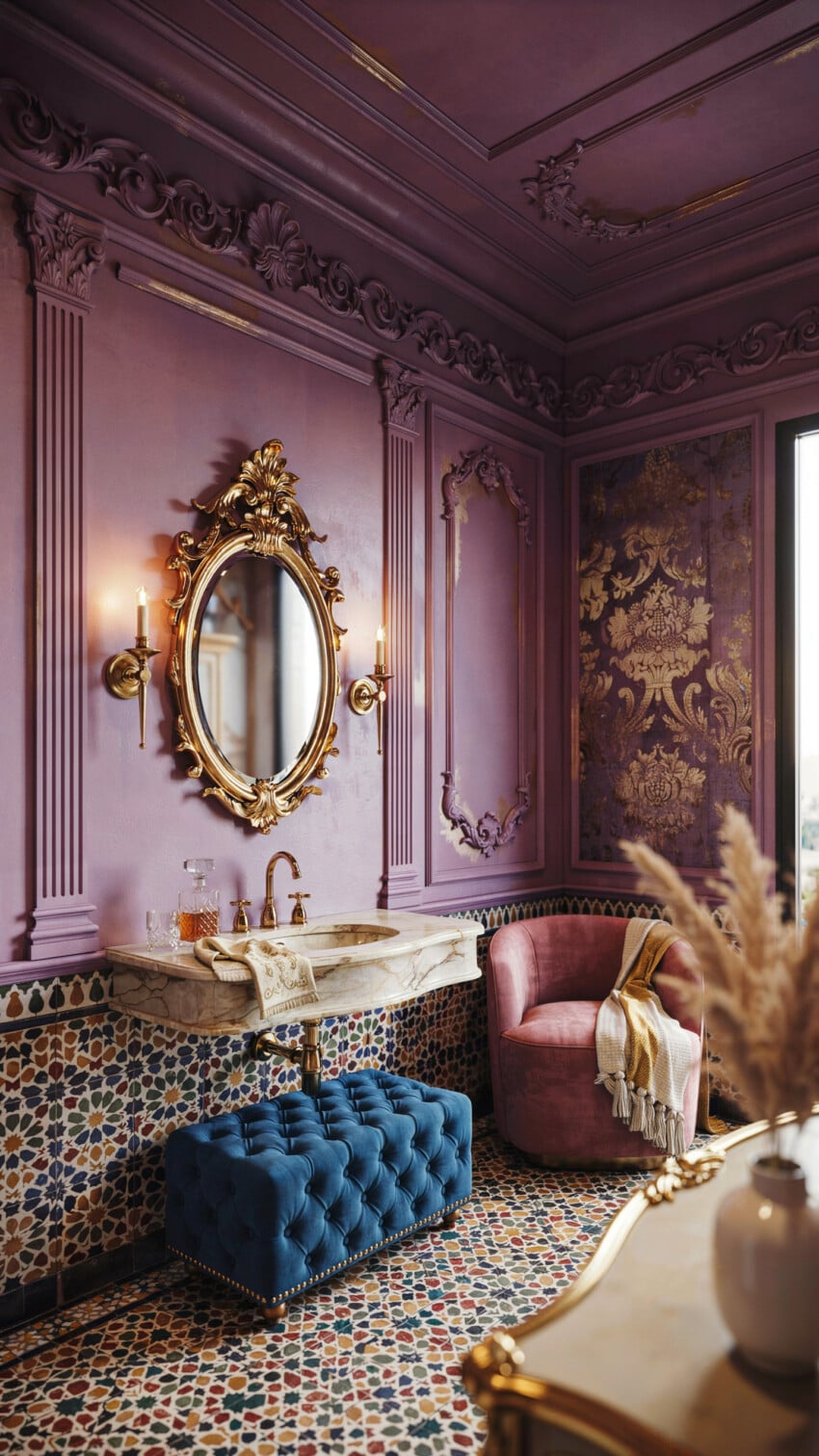 Gilded Rococo Mirror Over Marble Floating Vanity