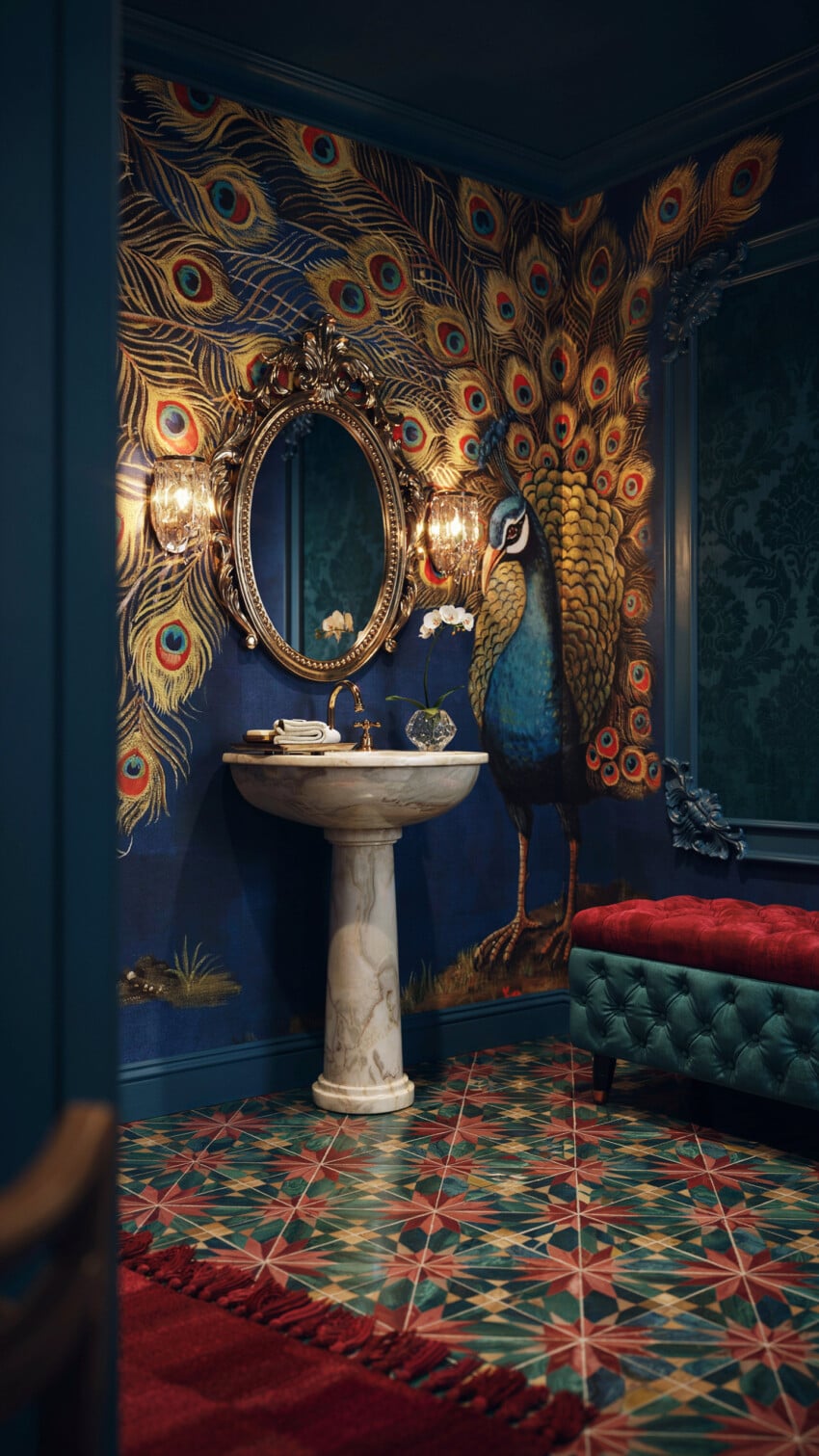 Peacock Mural Meets Marble Pedestal Sink
