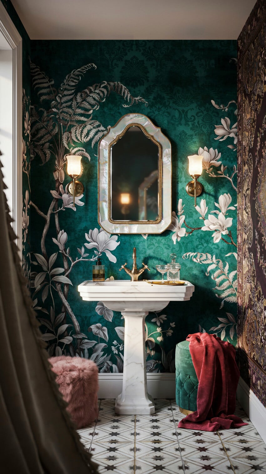 Emerald Botanical Walls Frame a Jewel Box Sink