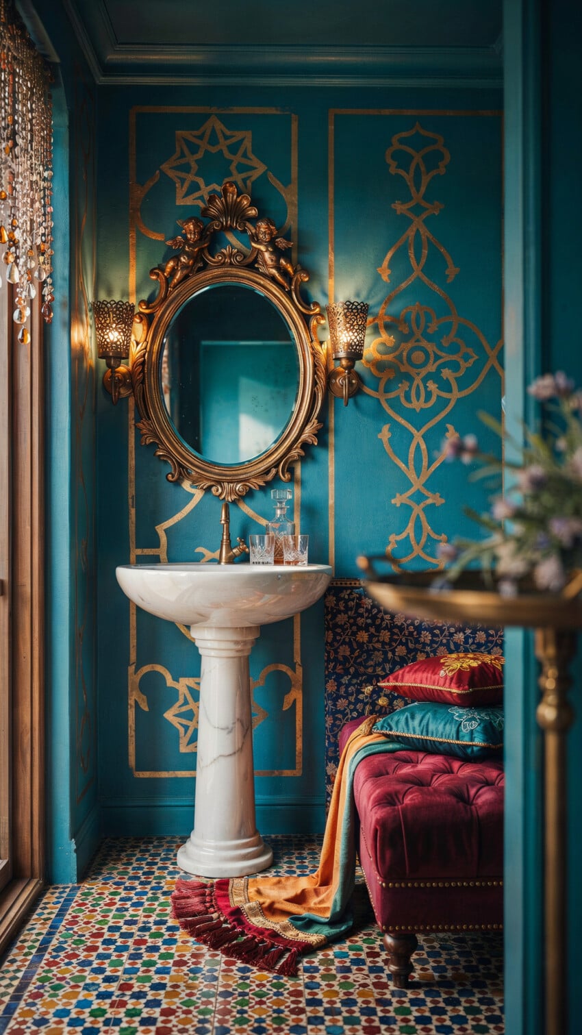 Gilded Rococo Mirror Over Marble Pedestal Sink