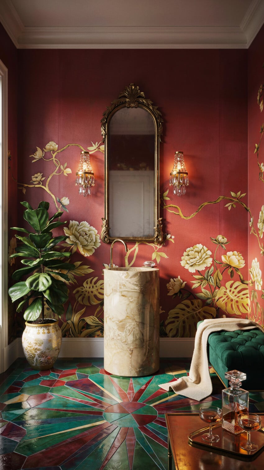 Crimson Silk Walls Meet Gold Peony Murals