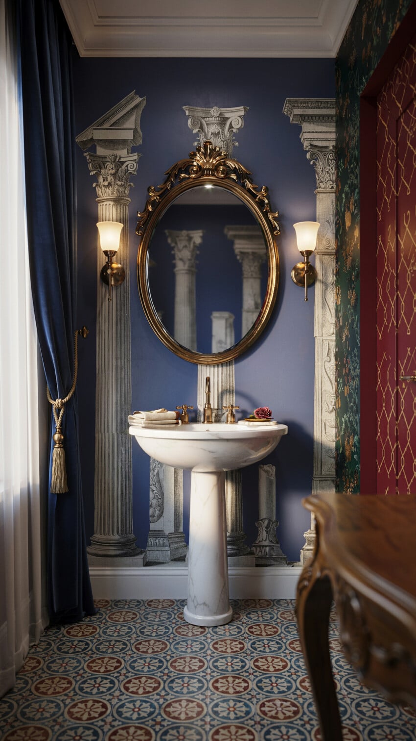 Gilded Baroque Mirror Over Marble Pedestal Sink