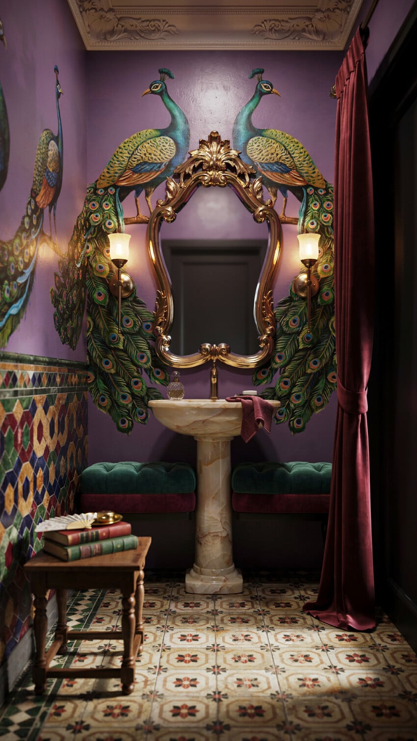 Amethyst walls frame gold peacock mural in a powder room
