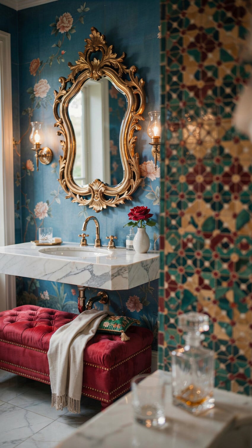 Gilded Rococo Mirror Over Marble Vanity