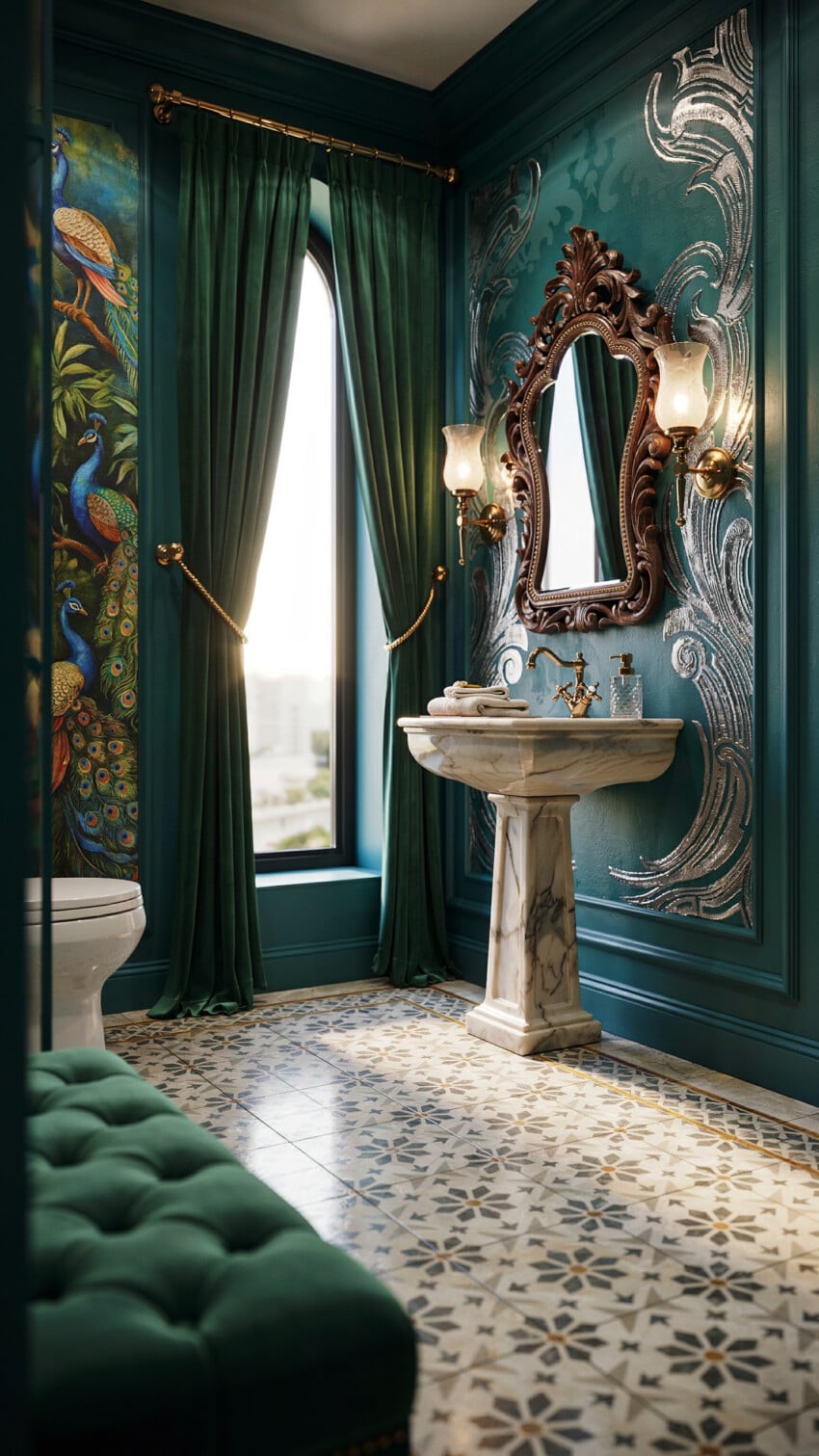 Marble Pedestal Sink Meets Teal Baroque Walls