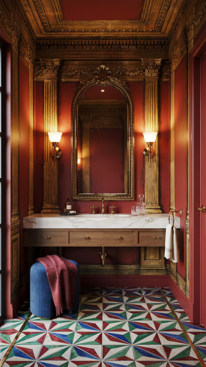 Ruby Red Walls Meet Gold Leaf Grandeur