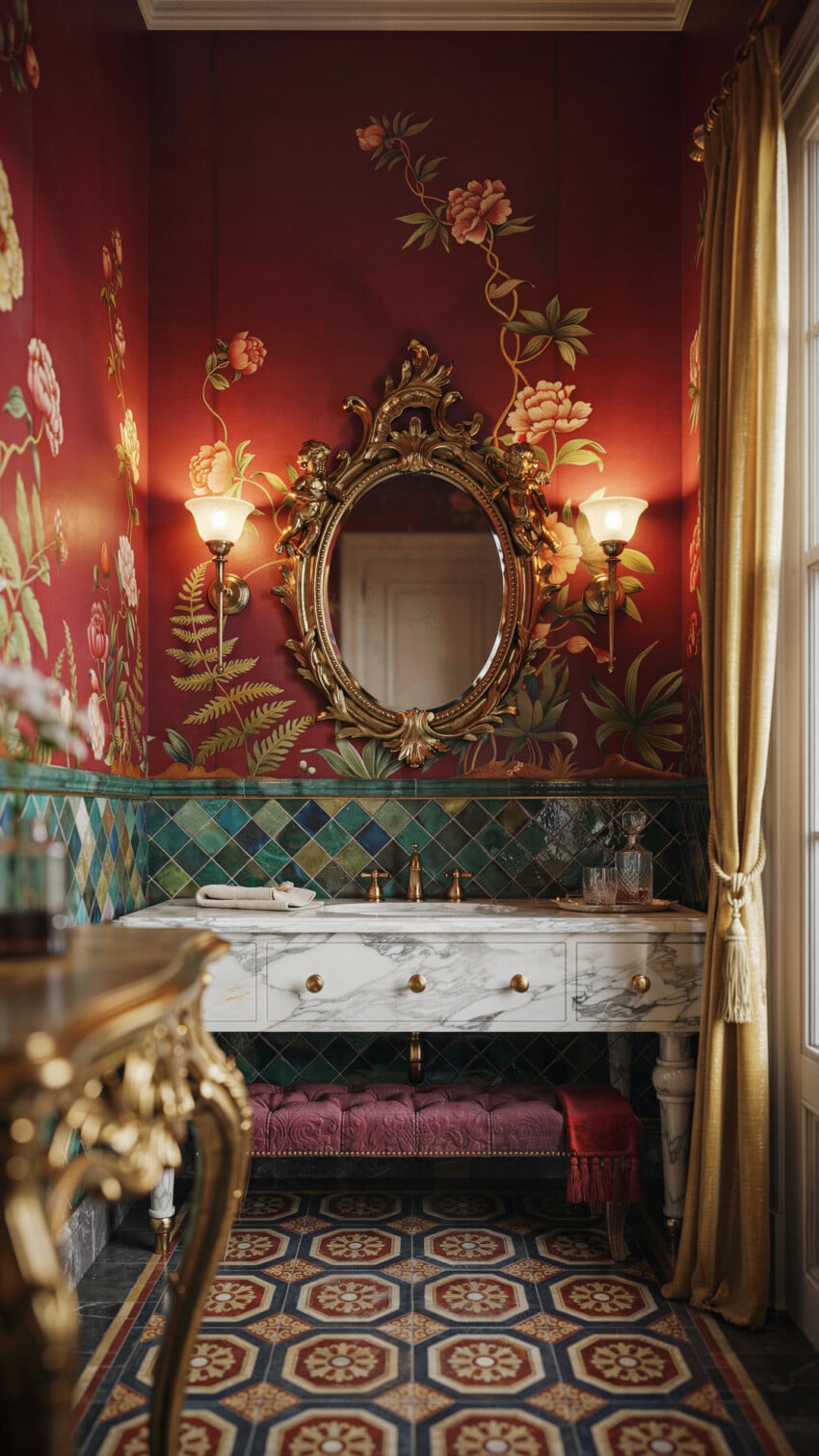 Garnet Walls Meet Gilded Rococo Mirror