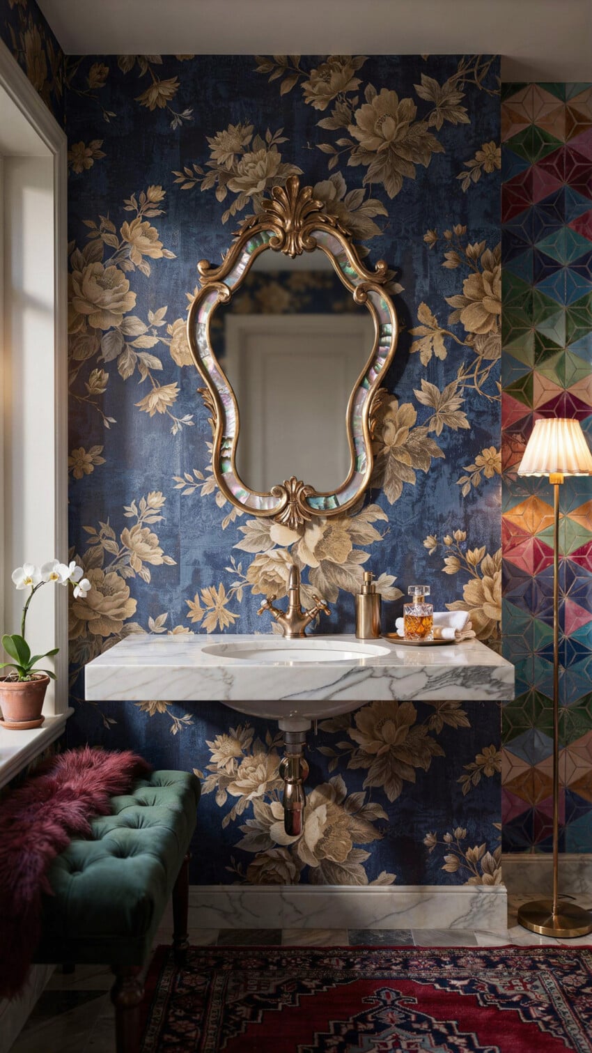 Indigo Floral Wallpaper Steals the Jewel Box Show
