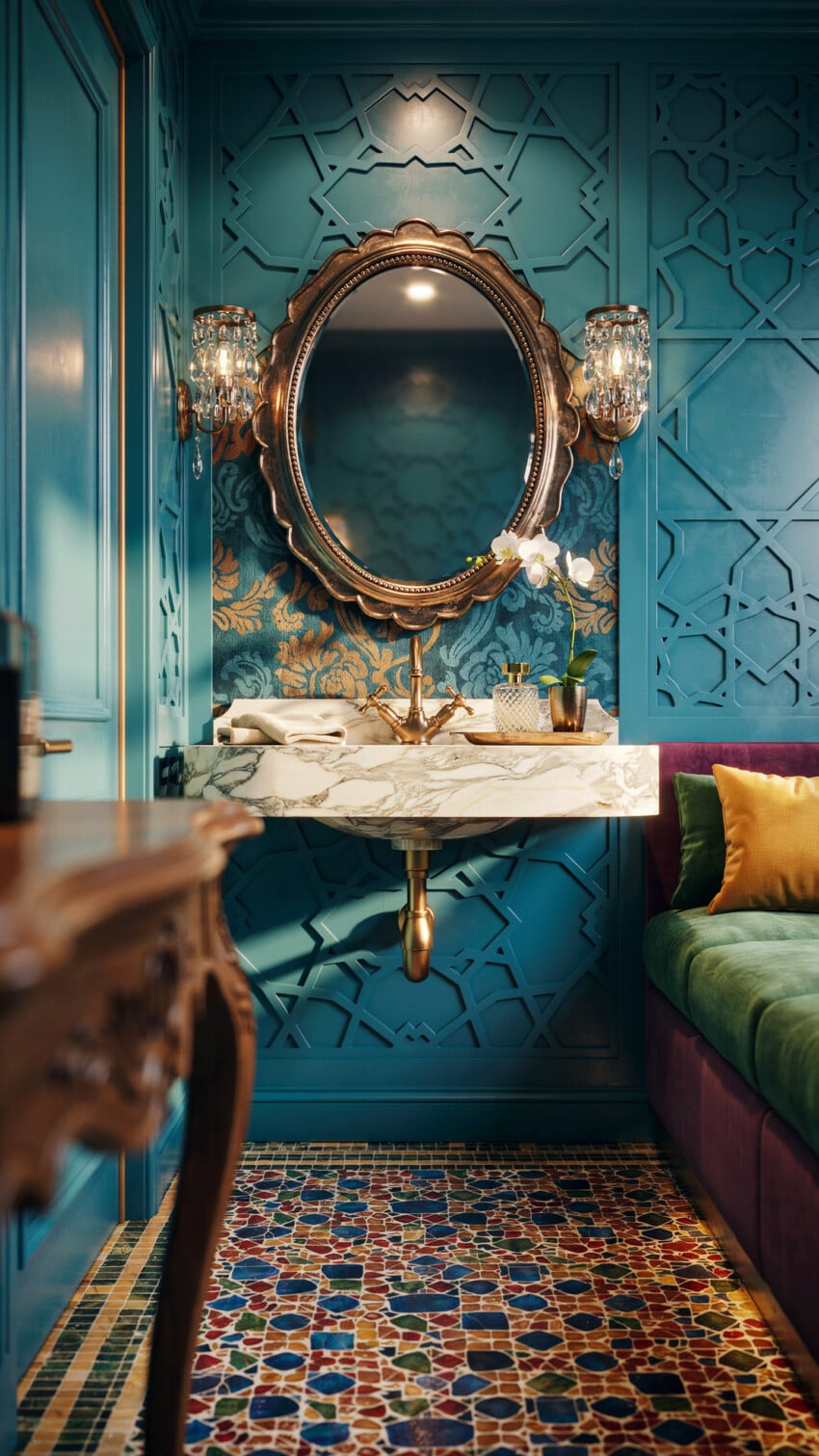 Scalloped Bronze Mirror Over Marble Vanity