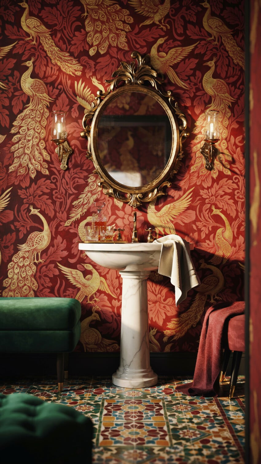 Gilded Rococo Mirror Over Marble Pedestal Sink