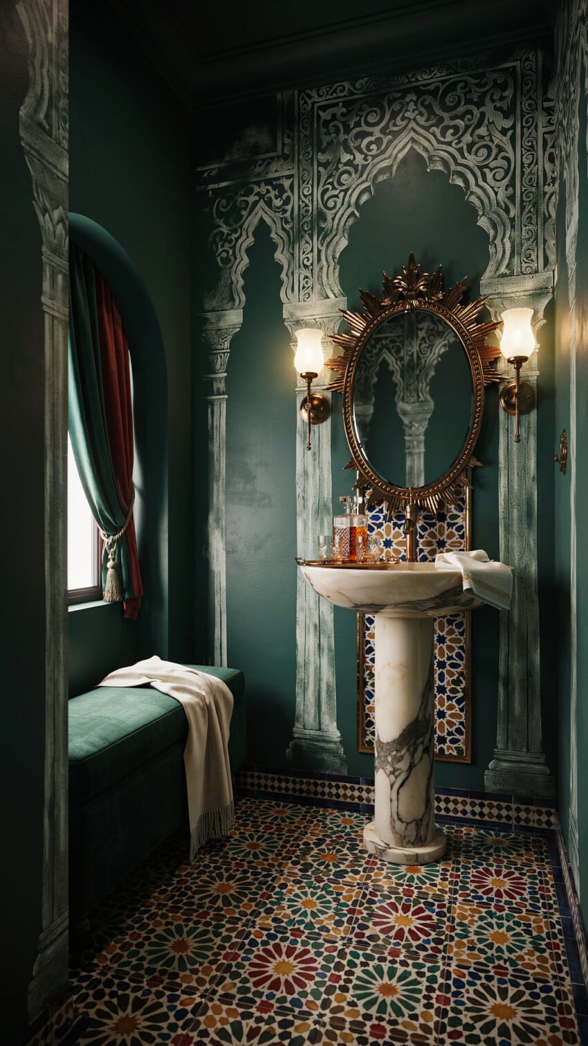Silvery Moorish Murals Meet Marble Pedestal Sink