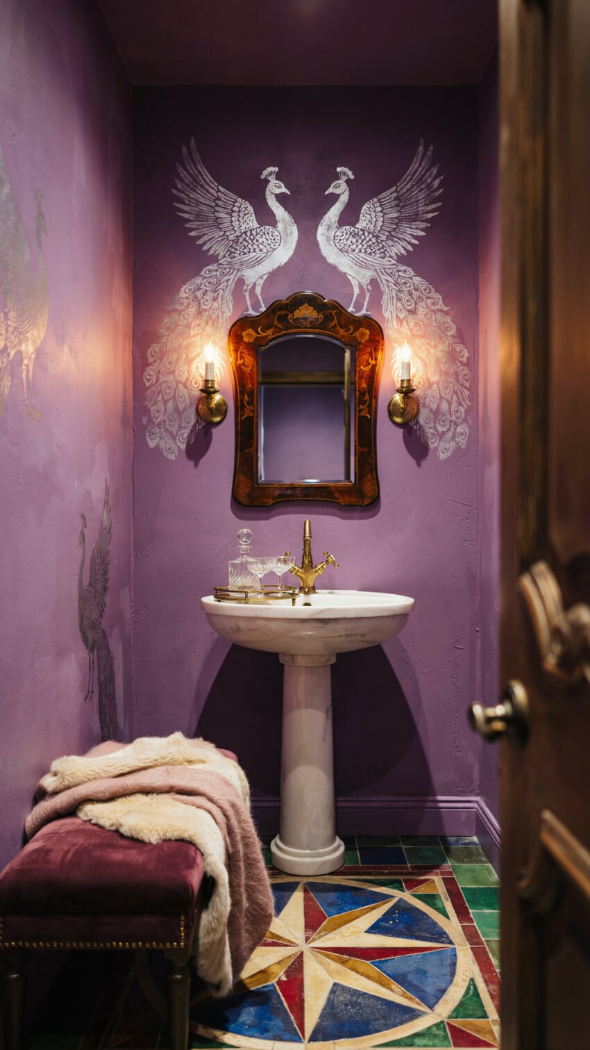 Amethyst Walls With Silver Peacock Murals