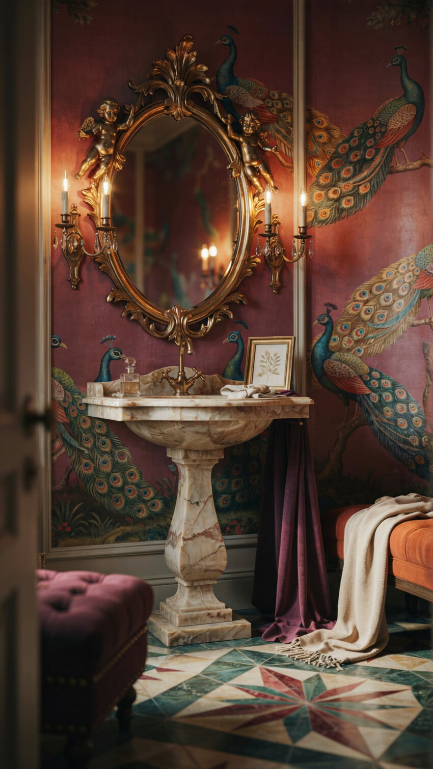 Gilded Cherub Mirror Over Marble Pedestal Sink