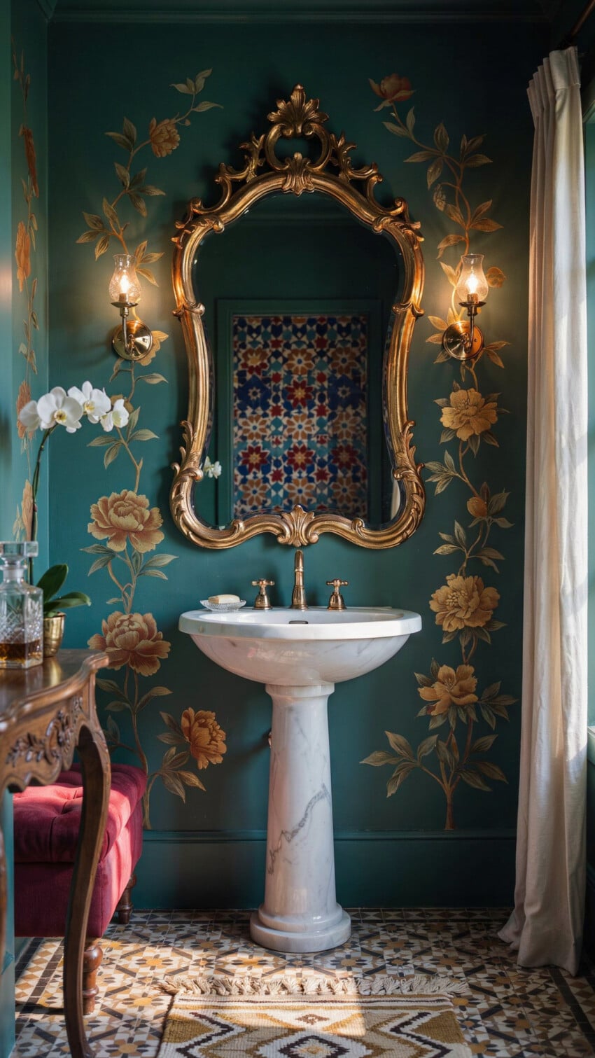 Emerald Walls Meet Gold Botanical Murals