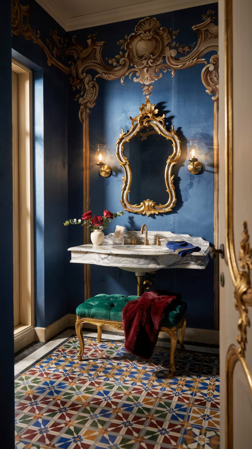 Indigo Silk Walls Meet Gilded Rococo Mirror