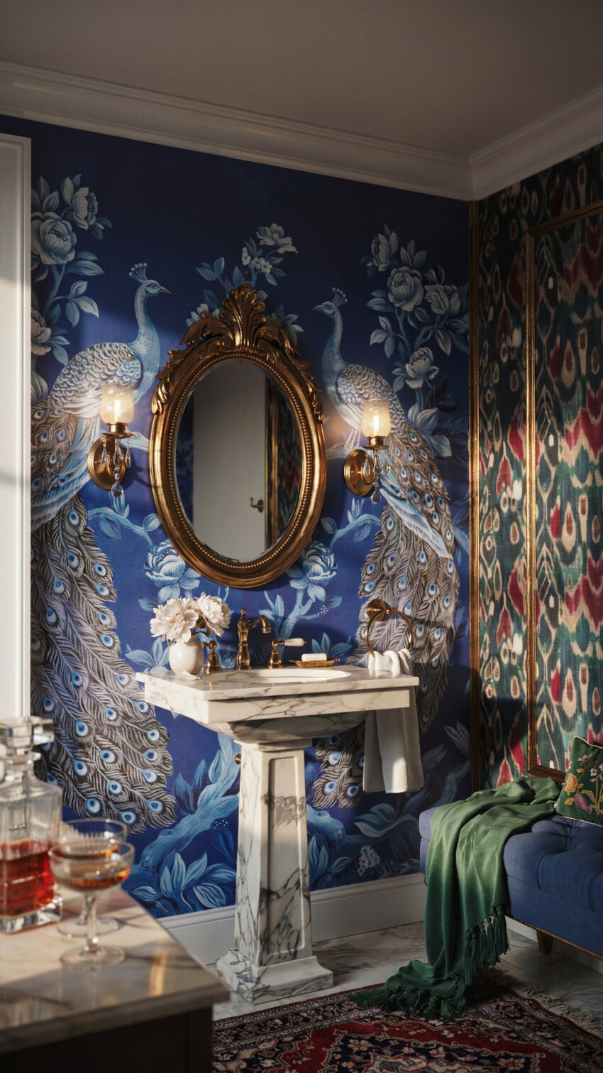 Gilded oval mirror over marble pedestal vanity