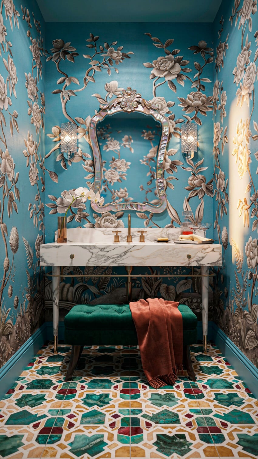 Turquoise lacquered walls meet botanical silver murals