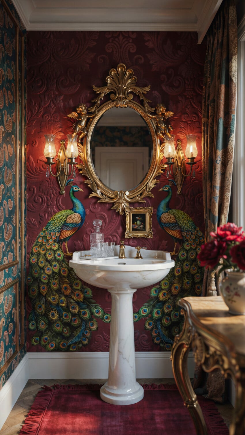 Garnet Damask Walls Meet Peacock Mural Drama