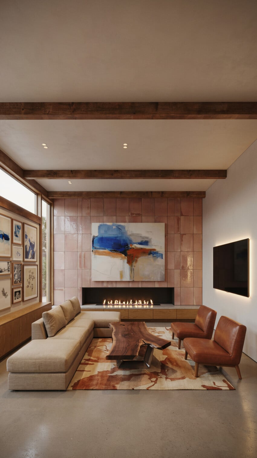Small Living Room With Terracotta Tile Fireplace Wall